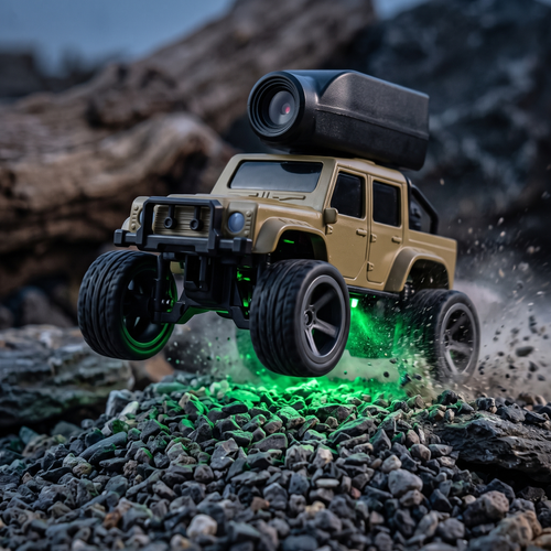 MiniRC FPV camera car climbing rocks at night with green LED underglow