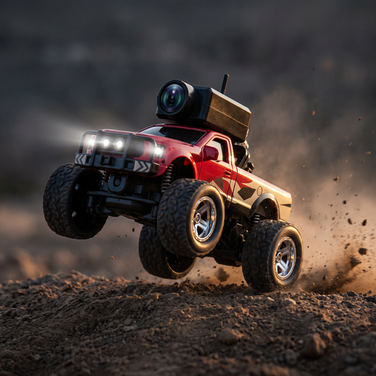 MiniRC FPV monster pickup jumping off a dirt berm with its roof camera